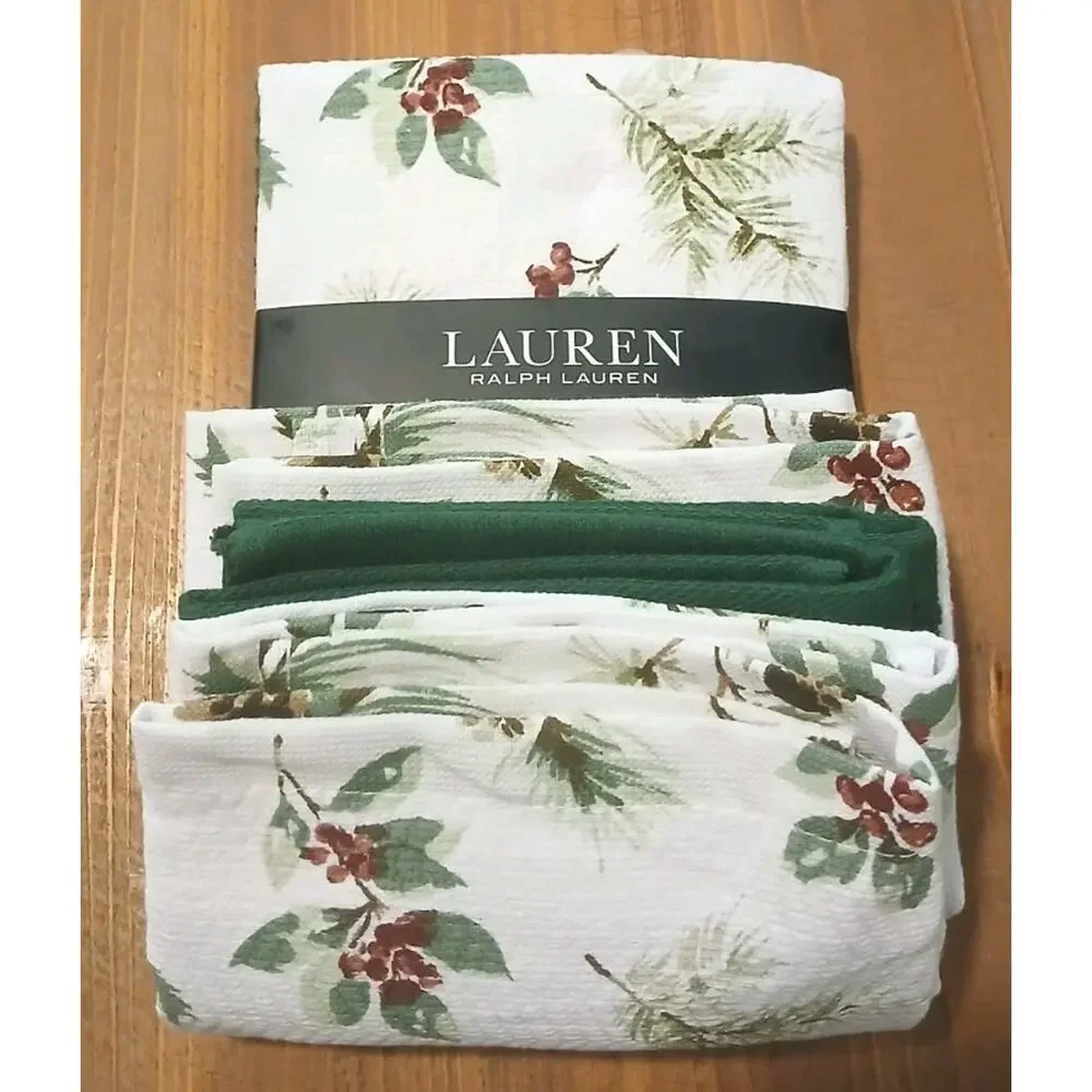 3-Pack Ralph Lauren Home Cotton Kitchen Towels Pinecones/Holly Multi 17x28 in